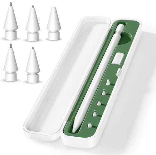 Storage Box with Lid and 5 Pack Pencil Tips for Apple Pencil 1st Generation and Apple Pencil 2nd Generation,Pen Protective Carrying Case for Apple iPad Pencil - Holder Accessories Storage(Green)