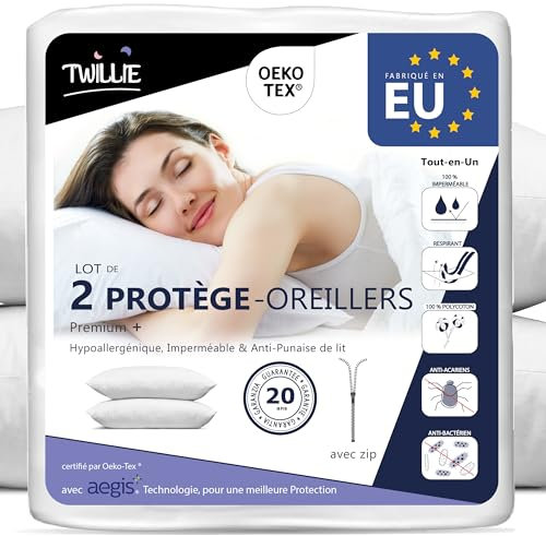 Twillie Kissenbezug Wasserdichter 70x70 cm (Set mit 2 Stück) - Aegis® - Öko-TEX® zert. – Kissenschoner mit Reißverschluss – Kissenschutzbezug Atmungsaktiv, Hypoallergen, Anti-Milben, Antibakteriell