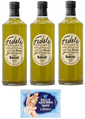 3er-Pack Basso Fedele Ungefiltertes Natives Olivenöl Extra,Olio Extra Vergine di Oliva Non Filtrato,1Lt Glasflaschen + 1er-Pack Kostenlos Felce Azzurra Talkumpuder, 100g-Beutel