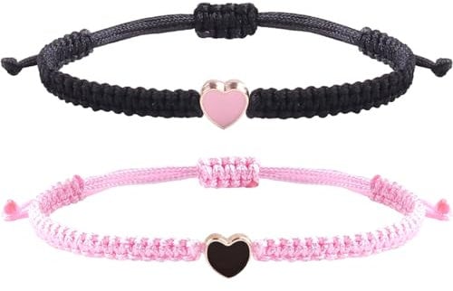 2pcs String Bracelet,Valentines Day Matching Heart Bracelets Set Handmade Woven Bracelets Adjustable Rope Bracelets for Teen Girls Boy Couples Birthday Gifts (black and pink)