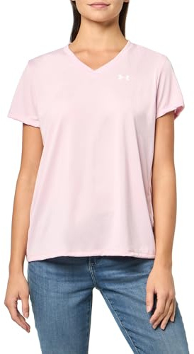 Under Armour Damen Tech Short Sleeve V Neck, (647) Prime Pink/Weiß, Groß