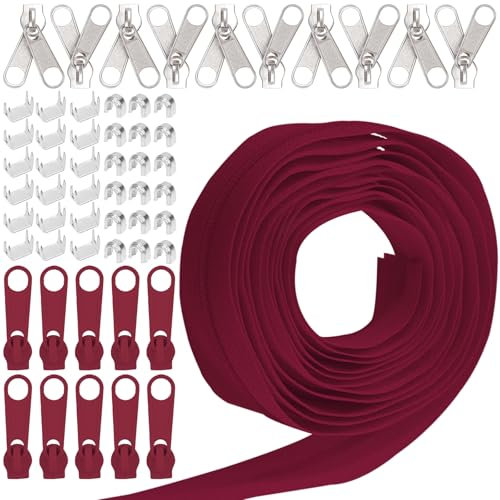 Keadic 81Pcs #5 Nylon Zipper Tape Set mit 10 Yard Nylon Spule Reißverschlüsse, 20 Metall-Reißverschluss-Schieber, 20 unten Stops, 40 Top Stop für DIY Nähen liefert (Weinrot)