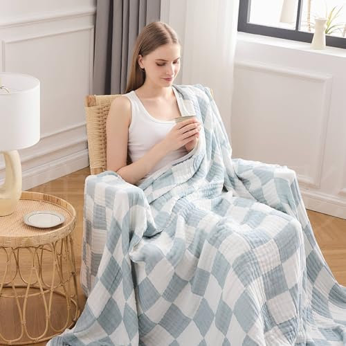 EMME Musselin Decke, Karierte Baumwolldecke für Couch, aus 70% Baumwolle 30% Bambus Sommerdecke, 230x200cm, Atmungsaktive Weich & Leicht, Vorgewaschen Sofadecke Tagesdecke, Wohndecke,Türkis