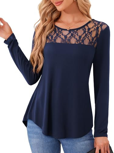 Amoretu Tunic Tops Ladies Long Sleeve Sheer Mesh Loose T Shirt for Women Lace Blouse Navy Blue Size 16 18