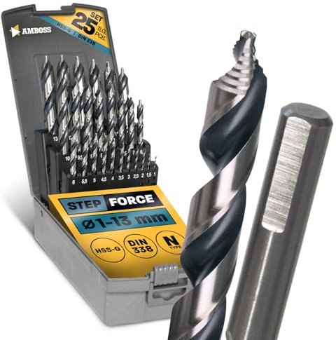 Spiralbohrer Step Force 25tlg. SET Ø1-13 mm - HSS-G DIN 338 für Stahl, Baustahl, Alu, Buntmetalle AMBOSS WERKZEUGE® Bohrer Bleche, Profile - Sechskant f. Bohrmaschine, Akkubohrer, Standbohrmaschine