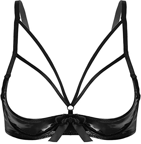FEESHOW Hebe BH Offene Brüste Sexy Leder Lack Büstenhebe Offen Wetlook BH Dessous Büstenhalter Erotische Unterwäsche Oberteil Schwarz XL