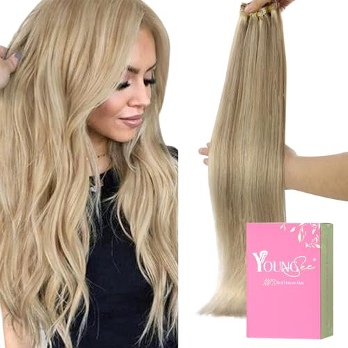 YoungSee 150g Clip in Extensions Echthaar Goldblond Echthaar Extensions Clip Blond 50 cm Extensions Echthaar Clip Haarextension Clips Haarverlangerung Echthaar Clip Dickes fur Damen #16/22