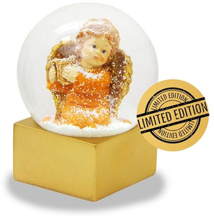 Schneekugel Nostalgie Engel mit Harfe terrakotta auf Sockel quadratisch Gold | Pure-Line | Schüttelkugel | H: 12 cm B: 10 cm | 20206