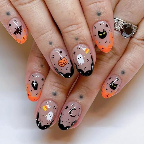 Ceboic 24Pcs Halloween French Press on Nails Short Almond False Nails with Monster Design Full Cover Fake Nails Acrylic Stick on Nail Removable Glue on Nail Manicure Kit for Women Girls