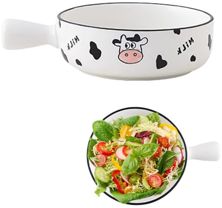 Suppenschüssel mit Griff, Müslischalen Keramik Suppentopf für Müsli/Pasta, 600ml Suppentassen, Salatschüssel, Frühstücksschüssel, Nudelschüssel, Spülmaschinenfeste Mikrowellen und Ofenfest (Kuh)