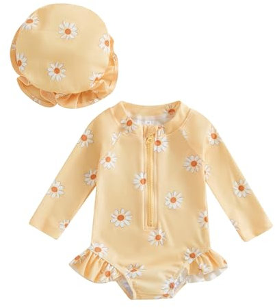 YILEEGOO Toddler Baby Girl Swimming Costume with Hat Long Sleeve Zip Up Floral Ruffle Swimsuit Girls One Piece Swimwear Bathing Suits Summer Beachwear (Yellow, 12-18 Months)