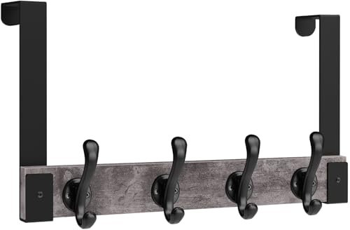 Homode Over The Door Hooks Heavy Duty, Wood Over The Door Towel Rack for Bathroom Door, Rustic Over The Door Hanger,Back of Door Hooks Coat Hooks for Hanging Towels Clothes Hats Bags, Grey