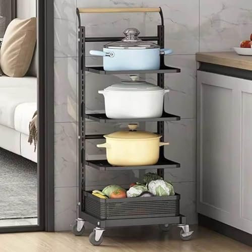 Estante esquinero de cocina con cajones y canasta, color negro, 4 estantes, 3 tablas