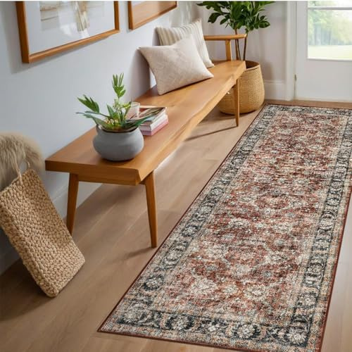 GarveeHome Washable Runner Rug 2x6 Vintage Carpet Runner with Non Slip Backing Foldable Non Shedding Retro Accent Rug Low Pile Distressed Throw Rug for Hallway Office Bedroom, Red