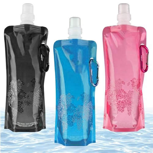 3 botellas de agua plegables, plegables, bolsas de agua flexibles con mosquetón, botella de agua para ciclismo al aire libre, senderismo, aventura, viajes, unisex (500 ml)