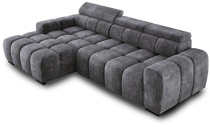 DomiMeble Ecksofa OMBO 285x168x77/97 cm, Linke Seite Mit Schlaffunktion, Elektrisch Ausziehbarer Sitzfläche, Verstellbaren Kopfstützen, Dunklen Buchenholzfüßen, Hydrophobem Eden-Bezugstoff - Graphit