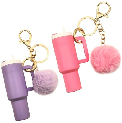 Bekecidi 2PCS Mini Backpack Keyring Adorable Fuzzy Ball Design Keychain Stanley Cup Accessories, Cute Mini Cup Keychain for Bags, Purses, and Luggage(Pink and Purple)