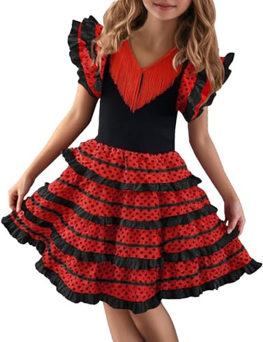 Flamenco Dress Spanish Dance Costume Ruffled Tiered Skirt Performance Attire Adjustable Straps 2-11Y