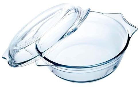 Acan Tradineur - Cacerola Redonda de Vidrio con Tapa, Recipiente, Molde Transparente, Extra Resistente, Apto para Horno, Cocina, repostería - 1,6 litros - 24 x 20 x 9 cm