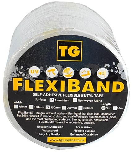 TG Supplies FlexiBand Flexible Butyl Sealing Tape - Ultra-Mouldable Waterproof Sealant for Irregular Shapes - Aluminium Surface (150mm x 5m)