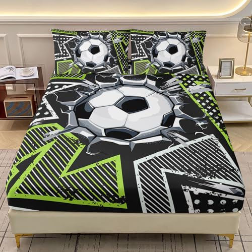 AILONEN Kids Soccer Bedding Fitted Sheet Set Twin Size,A Football Breaks Through The Wall Comforter Set,Green Graffiti Soccer Pattern Bedsheets Set Set,3-Piece 1 Sheet Set with 2 Pillowcases