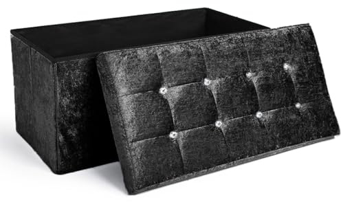 Home Republic Crushed Velvet Ottoman Storage Box – Foldable Cube Ottoman with Lid – Multipurpose Toy Chest, Foot Rest, Bench Seat & Nursery Storage Solution (Black, 76W)