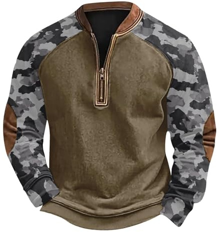 Top sportivo da uomo con cerniera a 1/4, felpa con stampa mimetica 3D, maniche mimetiche, casual, alla moda, felpa con cappuccio in pile di cotone, top senza cappuccio con toppe sui gomiti, a maniche