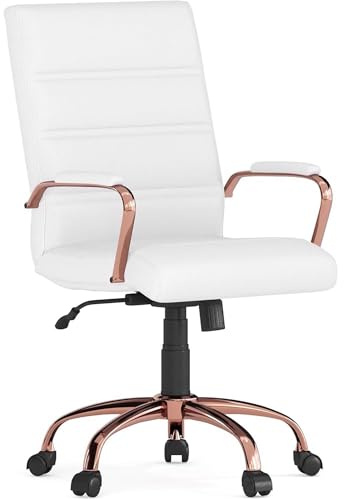 FWStyle Contemporary Office Chair White PU Leather with Rose Gold Frame, Mid Back Ergonomic Desk Chair with Lumbar Support, Adjustable Height and Tilt Lock, Home Study Seating