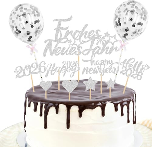Gleevio Silber Cake Topper Happy New Year 2026,11 Stück Glitzer 2026 Tortendeko Neujahr,Silvester Deko Kuchen,Kuchendeko New Year 2026,Frohes Neues Jahr Tortendeko,Hello 2026 Cupcake Topper