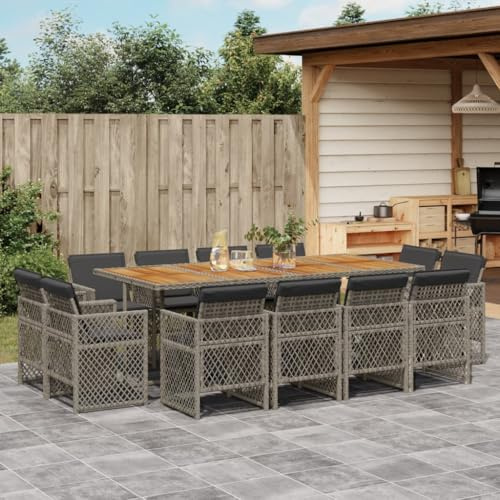 QJBSAVVA 13-TLG. Garten-Essgruppe mit Klappstühlen 220 x 106 cm Akazienholz-Tisch & Poly-Rattan Eckbank Balkon, Terrasse und Camping