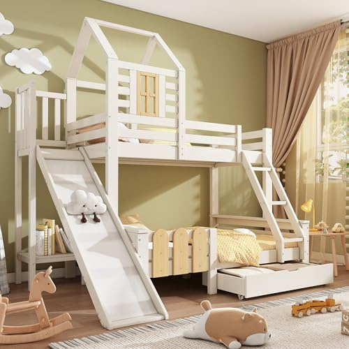 VSOGA Lit superposé, 90 x 200 cm et 140 x 200 cm, avec tiroir, toboggan et échelle, lit pour enfant, mezzanine, avec sommier à lattes, design blockhaus, sécurité EN747-1:2024