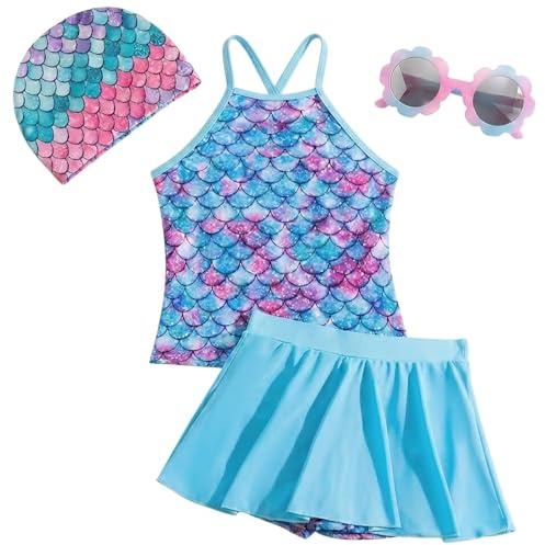 Maillot de Bain Fille Sirène 4 Pièces, Tankini pour Fille avec Jupe-Short, Ensemble de Natation avec Bonnet et Lunettes, Motif Écailles de Poisson pour Nager, Tenue de Vacances Été 7-8 Ans