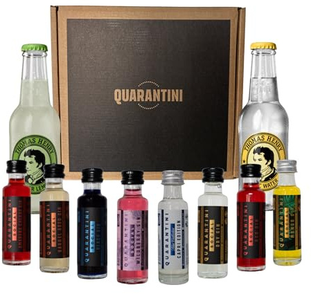 Quarantini Gin Tasting Set 8 x Mini Quarantinis & 2 x Thomas Henry Tonic Mischgetränke | Premium Gin 42% Vol. mit hochwertigen, fruchtigen Botanicals | Probierset inkl. Bitter Lemon, Tonic Water