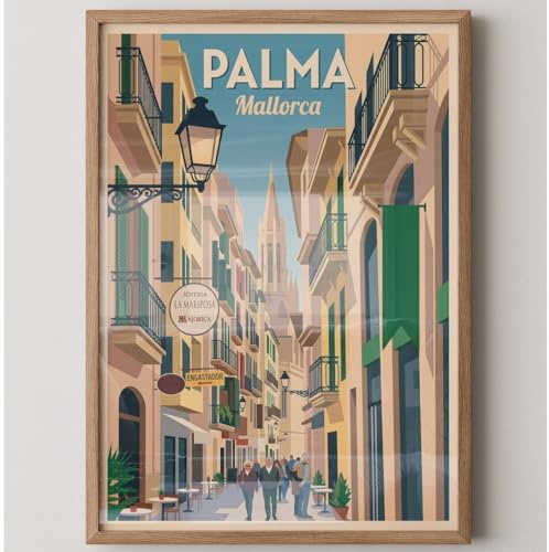 MJ-GRAPHICS® Poster Palma Kunstdruck Altstadt Wandbild Vintage Mallorca Deko Beige Farben Flur Wanddeko Urban Stil Reiseerinnerungen Bilder Wohnzimmer A3 ohne Rahmen