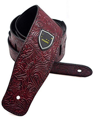 Elonglin Gitarrengurt, bedrucktes PU-Leder/weiche Baumwolle, Western Vintage 60er Retro Schultergurt für E-Bass Gitarre, breiter Verstellbereich (127-160)*6.5cm dunkelrot
