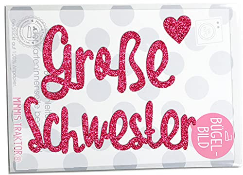 GLITZER Bügelbild große Schwester mit Herz 12,5 cm Aufbügler Applikationen Bügelsticker für Stoffe Textilien Kinder zum Aufbügeln Flicken, Farbe:Glitzer pink