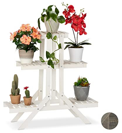 Relaxdays Fioriera a Scala in Legno, Portafiori a 3 Ripiani, per Piante, HLP: 83 x 83 x 25 cm ca., Bianco