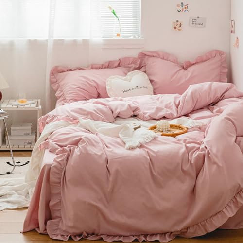 AShanlan Rosa Rüschen Bettwäsche 135x200 4teilig Unifarben Altrosa Romantisch Bettbezüge 100% 120GSM Mikrofaser Pink Deckenbezug Kissenbezüge 80x80cm Reißverschluss