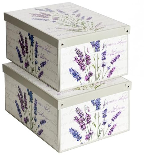Lavatelli Collection – Set of 2 Lavender Scented Decorative Storage Boxes – Cardboard Boxes with Lids and Handles – Ideal for Clothes, Toys, Accessories, Home Organisation
