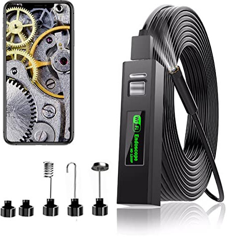 Endoscope Camera Wireless Endoscope 1200P HD Inspection Camera Premium IP67 Waterproof WiFi Borescope with Flexible Rigid Snake Cable for Android IOS iPhone Samsung Smartphone PC (Black, 5M)