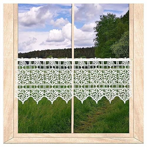 atelier alles-Spitze Moderne weiße Spitzengardine Leona | Hochwertiger Kleiner Kurzstore aus Vogtländischer Luftspitzen-Stickerei | Höhe x Breite 25 x 96 cm