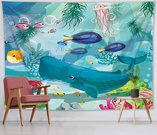 LB Wandteppich Wal und Fisch Wandtuch Tiefseetier Wandbehang Cartoon Kinder Tapisserie für Wohnzimmer Schlafzimmer Wohnheim Wanddeko,235x180cm