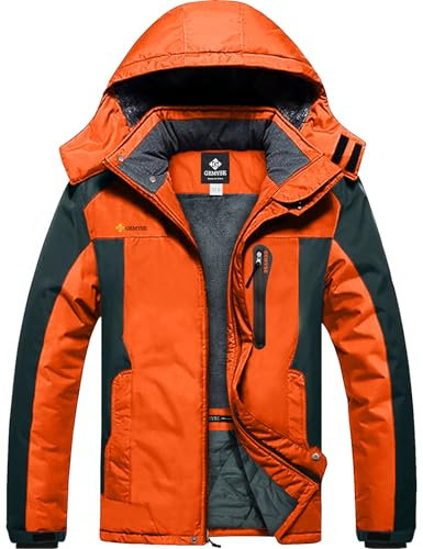 GEMYSE Homme Veste de Ski Imperméable de Montagne Manteau d'hiver Extérieur en Polaire Coupe-Vent avec Capuche (Orange Gris 08,XL)