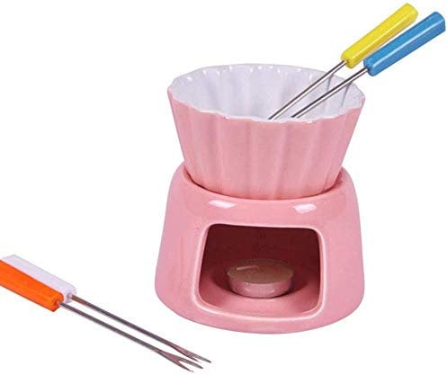 JWCN 200Ml Chocolate Hot Pot Set Ceramic Chocolate Fountains Dessert Fondue with 4 Fondue Fork for Home Christmas Kitchen Blue-Pink Uptodate