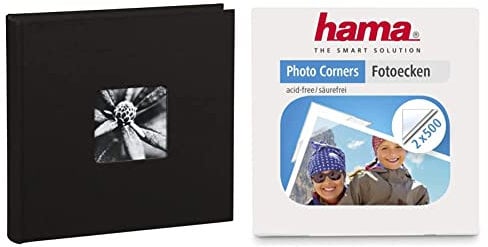 Hama Fotoalbum Jumbo 30x30 cm (Fotobuch mit 100 schwarzen Seiten, Album für 400 Fotos zum Selbstgestalten und Einkleben) schwarz & Fotoecken 1000 Stück (Foto Klebepads selbstklebend), transparent