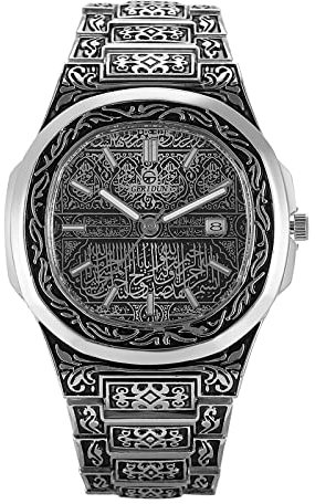 JewelryWe Herrenuhr Retro Analog Quarz Armbanduhr 30m wasserdichte Datum Kalender Vintage Blumenmuster Herren Uhr mit Metall-Armband Silber