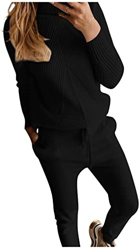Damen Strickset Kostüm Rollkragen Einfarbig Pullover Pullover Hosen Anzug Warm Weich Zweiteiliges Set Wollpullover Herren, Schwarz , L