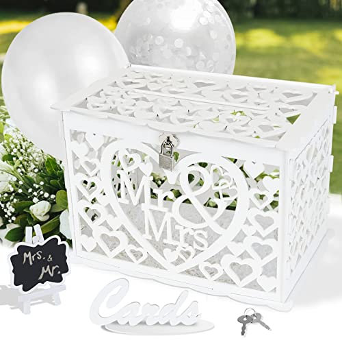 Ulikey Hochzeit Geschenkkartenbox, Hochzeitskartenbox Holz mit Schloss, Hochzeitskartenkiste Geldbox mit Bast und Luftballons, Weiß Vintage Kartenbox für Hochzeit Verlobungsfeier Brautdusche (Stil 1)