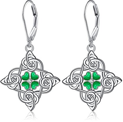 Sterling Silber Kleeblatt Ohrringe für Frauen, Irischen Keltischen Knoten Vierblättrige Kleeblatt Leverback Ohrringe, Glücksbringer Grüner Schmuck Geschenke