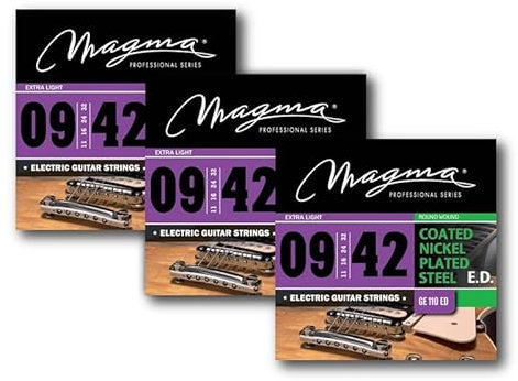 Magma - 3 Juegos de Cuerdas para Guitarra Eléctrica de Acero Niquelado – Tensión Extra Liviano (09, 11 16, 24, 32, 42) – Cuerdas Extra Light 3 Sets (GE110ED)